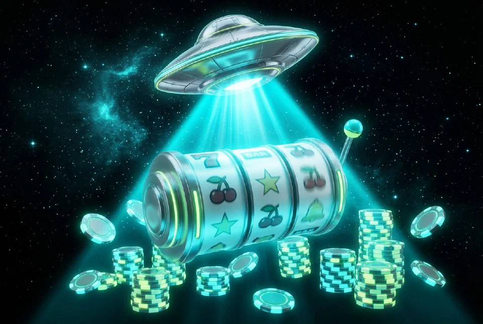 Neon pokie machine with cyan reels floating in space